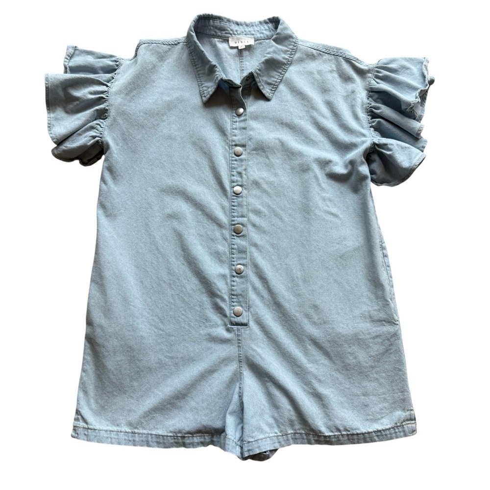 MABLE Romper Womens S Blue Light Wash Denim Ruffle Sleeve Snap Front Oversized